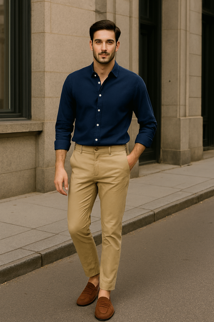 Casual work wear  A person styled in navy shirt and beige chinos for a casual work wear