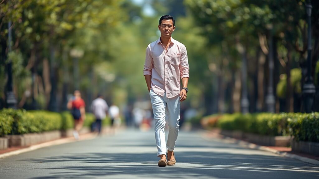 A candid shot of a person in pastel pink shirt and white trousers A candid shot of a person in pastel pink shirt and white trousers