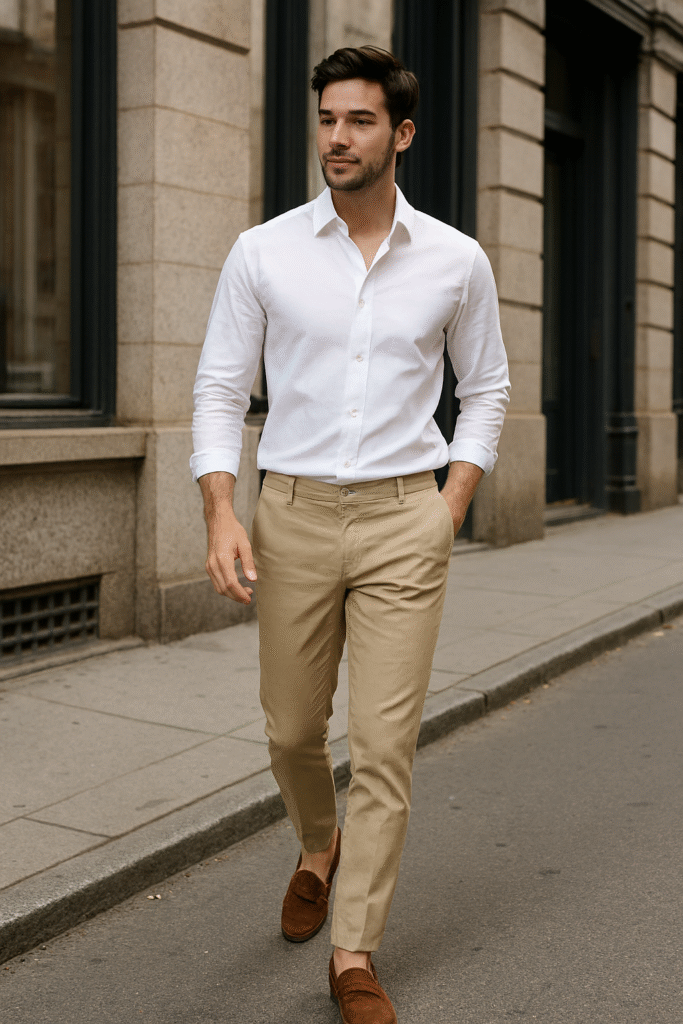 Casual work wear A person styled in a white oxford shirt and beige chinos for work wear