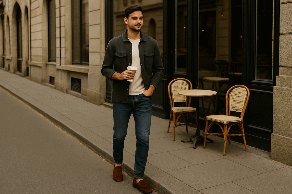 Simple layered outfits with grey overshirt, white tee and jeans. Person walking down the street with grey over shirt and jeans for casual coffee break