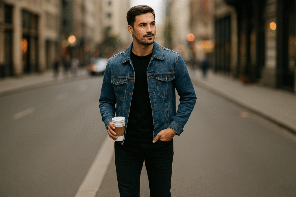 Denim jacket outfit  Person in a denim jacket and black jeans taking a walk for a casual outdoor errands