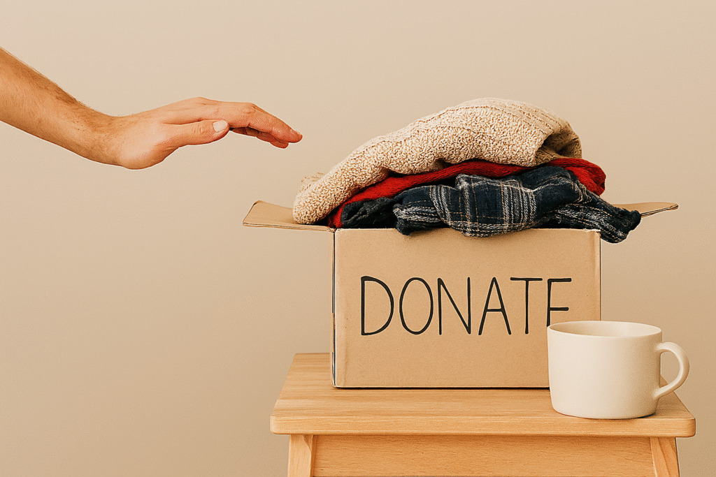 Keep only what adds value. A hand placing items into a "Donate" box.