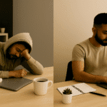 A split-frame horizontal image showing two sides of a person with and without procrastination