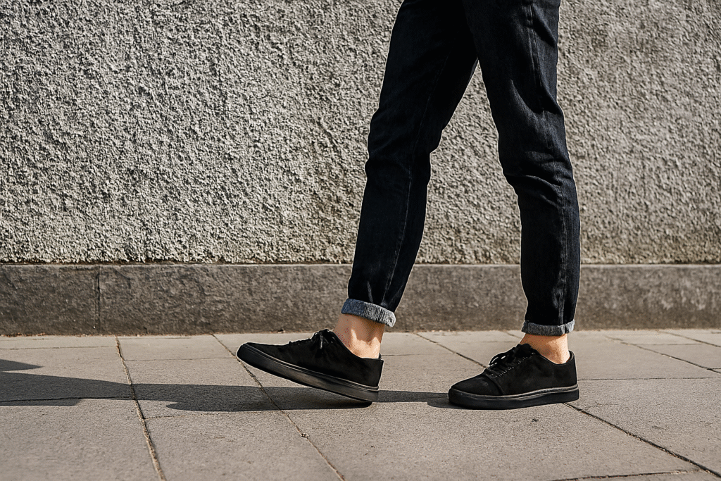 Everyday Black Sneakers Urban street shot with black sneakers and rolled-up jeans, walking past the textured wall.