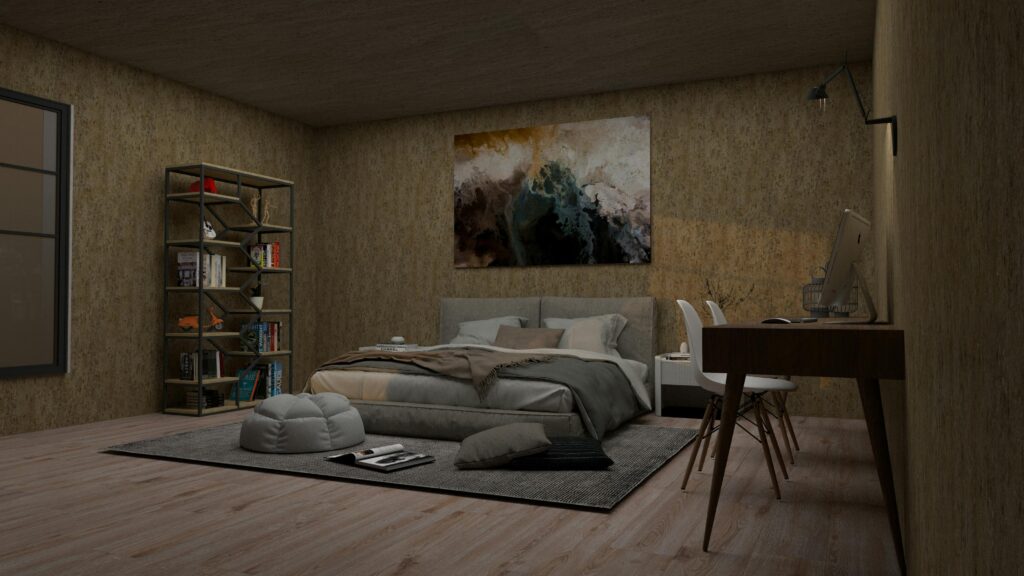Decluttered room for minimalism. A minimalist bedroom with neutral tones and clean surfaces.