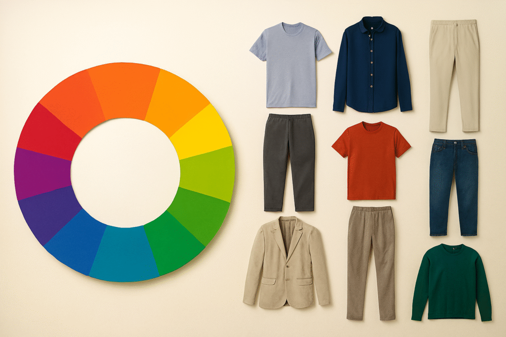 Follow color wheel for creating great color combinations. A color wheel graphic beside the outfit combinations.