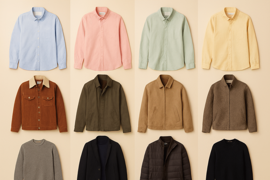 Dress by considering seasonal shades Collage showing outfits across seasons—pastel shirts, earthy jackets, and dark winter layers.