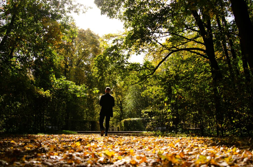 Slow down your pace and enjoy the life A serene walking shot on a calm street or park path, golden-hour lighting.