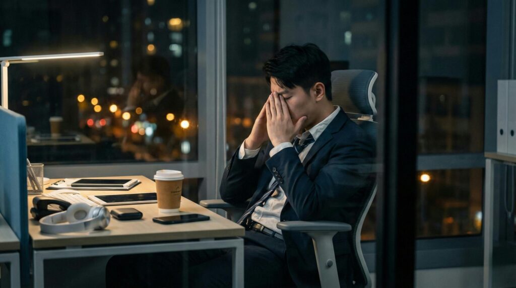 Man working late at night representing hustle culture overwork that leads to burnout and exhaustion