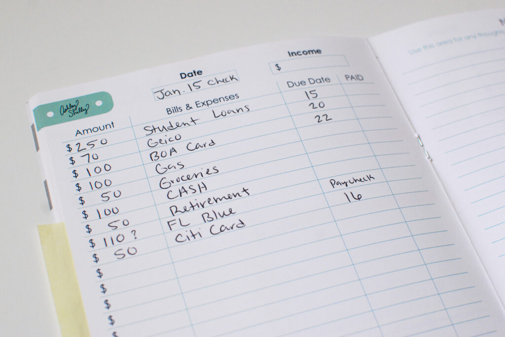 Simple money system using budgeting notebook and weekly review.